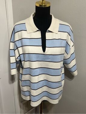 Striped Pastel Baby Blue Collared Shirt Sweater Spring Preppy Size XL